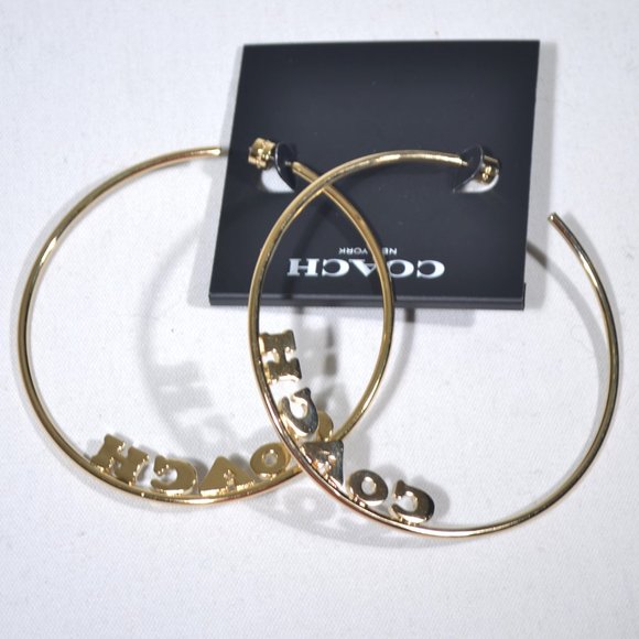 NWT COACH GOLD LOGO PAVE LARGE HOOP EARRINGS - Picture 6 of 7